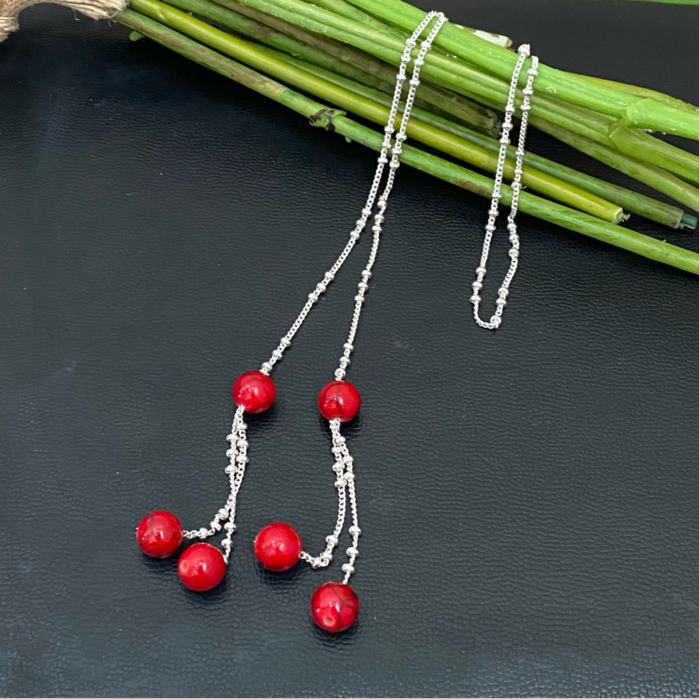 Silver-tone Chain with Red Beads Lariat 24-Inch Necklace 14.2g